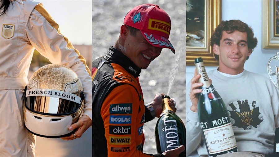 Sparkling wine and Formula 1 have a long and celebratory history that includes 2025 Miami Grand Prix winner Oscar Piastri (center) and late legend Ayrton Senna (right).