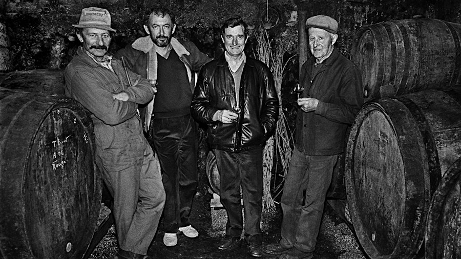 In 1983, Kermit Lynch (second from left) met with artisan Northern Rhône winemakers Raymond Trollat, Gérard Chave and Ernest Trollat.